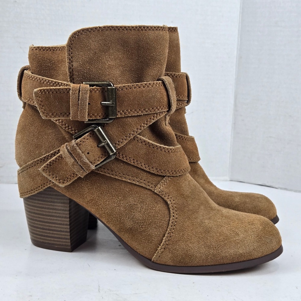 Mossimo Jessica Ankle Boots Suede Two Buckle Tan 9.5 Block Heel Boho Bootie Y2K